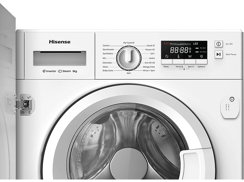 Lavadora integrable - Hisense WF3M841BWIES, 8 kg, 1400 rpm, 15 programas, Secado Allergy Care, Clase A, Sin Panelar