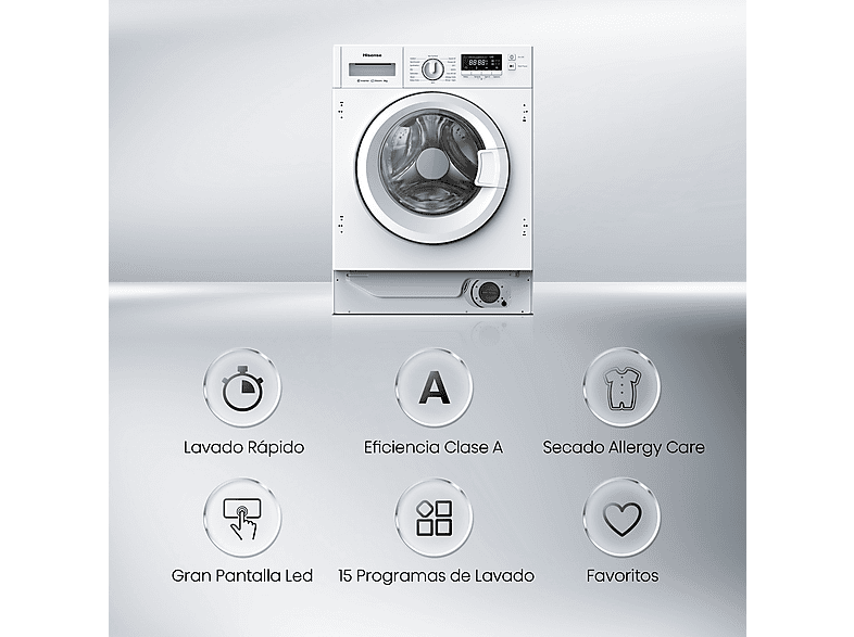 Lavadora integrable - Hisense WF3M841BWIES, 8 kg, 1400 rpm, 15 programas, Secado Allergy Care, Clase A, Sin Panelar