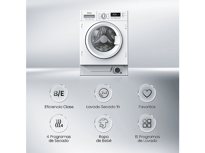 Lavadora secadora integrable - Hisense WD3M841BWIES, 8 kg /6 kg, 19 programas, Lavado Secado 1h, Inverter, Sin Panelar