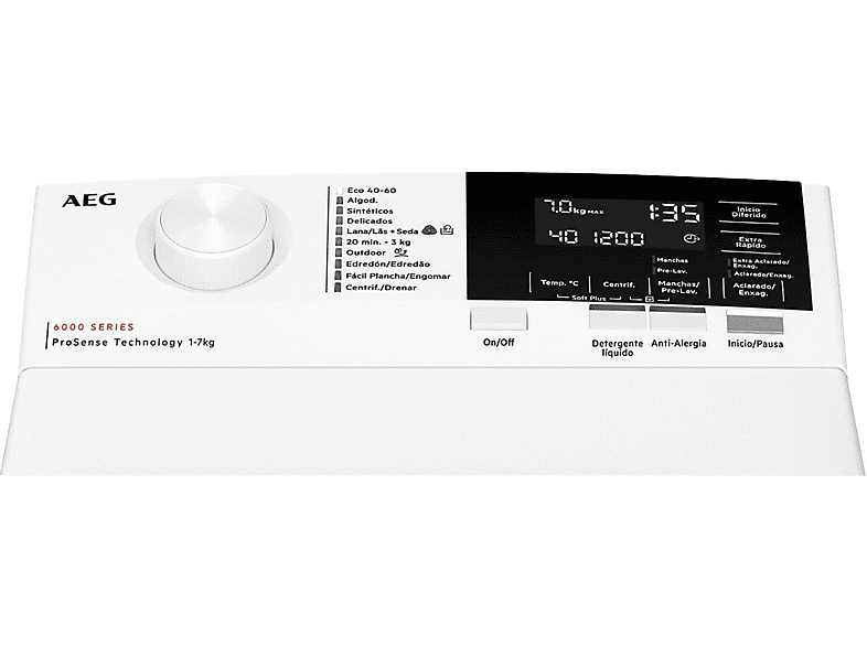 Lavadora carga superior - AEG LTA6G7331E, 7 kg, 1300 rpm, 11 programas, Motor Inverter, ProSense, Blanco