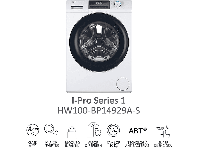 Lavadora carga frontal - Haier I-Pro Series 1 HW100-BP14929A-S, 10 kg, 1400 rpm, Motor Inverter, Antibacterias, Blanco