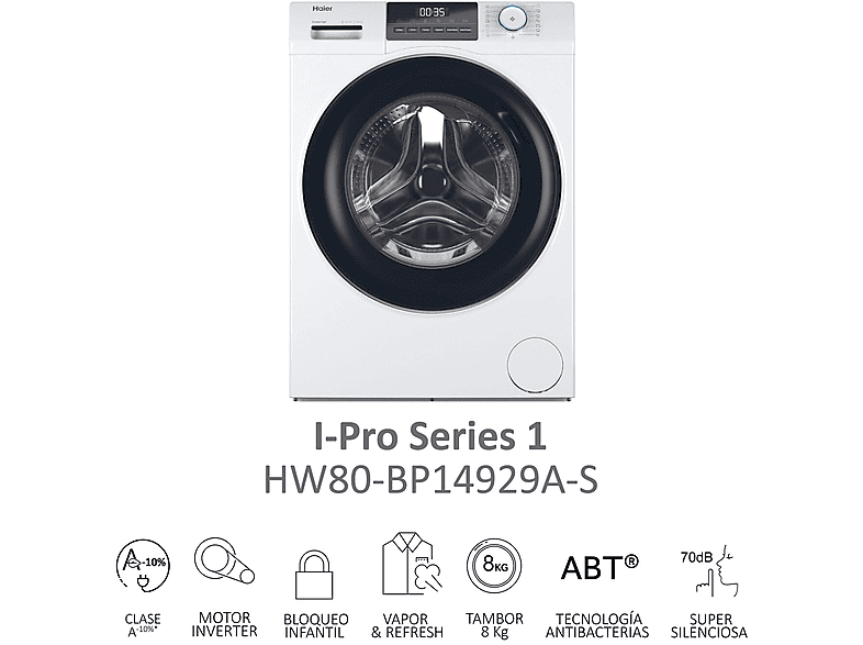 Lavadora carga frontal - Haier I-Pro Series 1 HW80-BP14929A-S, 8 kg, 1400 rpm, Motor Inverter, Función Vapor, Antibacterias, Blanco