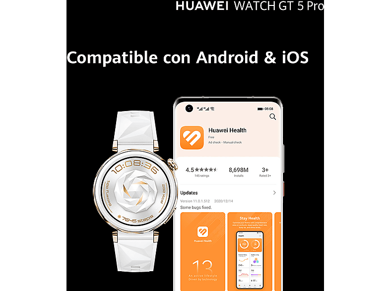 Smartwatch - Huawei Watch GT5 Pro 42mm, Llamadas Bluetooth, Respuesta con Teclado, Mapas Campos Golf, 7 días batería, Correa Fluoroelastómero Blanco