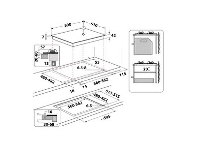 Placa de gas - Indesit ING 61T/BK 1, 4 zone(s) zonas, 59 cm, Negro