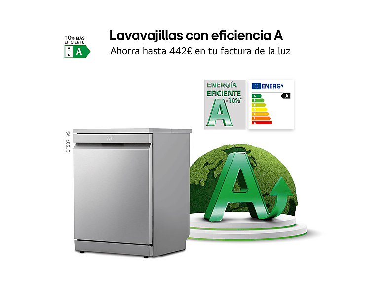 Lavavajillas - LG DF587HVS, 10 servicios, 10 programas, 60 cm, Lavado a vapor, Acero  antihuellas