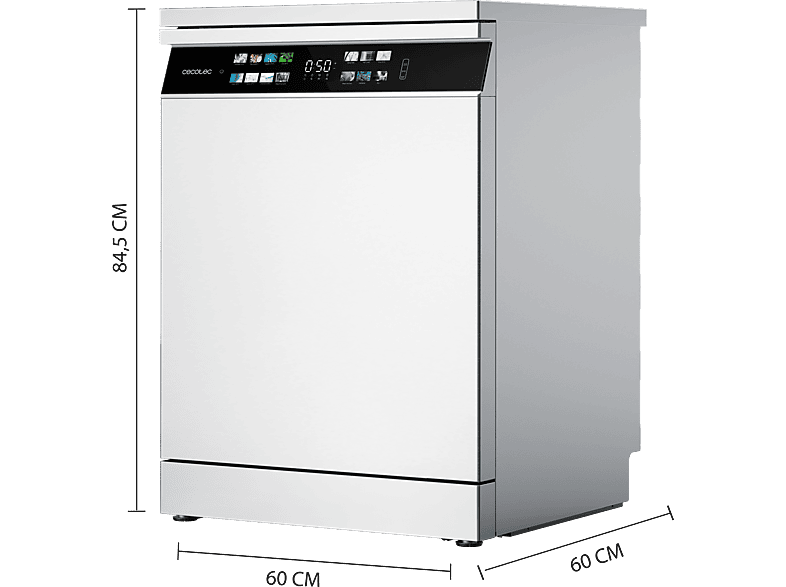 Lavavajillas - Cecotec Bolero Aguazero 6700 B, 15 cubiertos, 14 programas, Motor Inverter Plus, Clase B, Pantalla FullColor XXL, 60 cm, White
