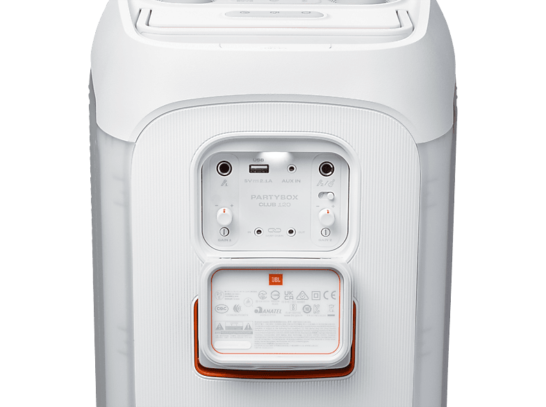 Altavoz de gran potencia - JBL PartyBox Club 120, Portátil para fiestas, Asa plegable, Bluetooth, Resistente salpicaduras, Autonomía 12h, 160W, Blanco