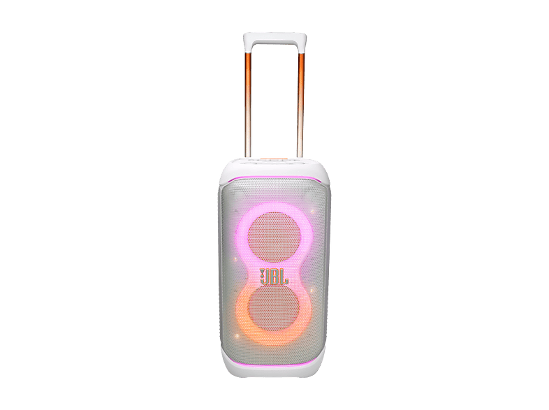 Altavoz de gran potencia - JBL PartyBox Stage 320, Portátil para fiestas, Asa telescópica y ruedas, BT, Resistente salpicaduras, Aut 18h, 240W, Blanco