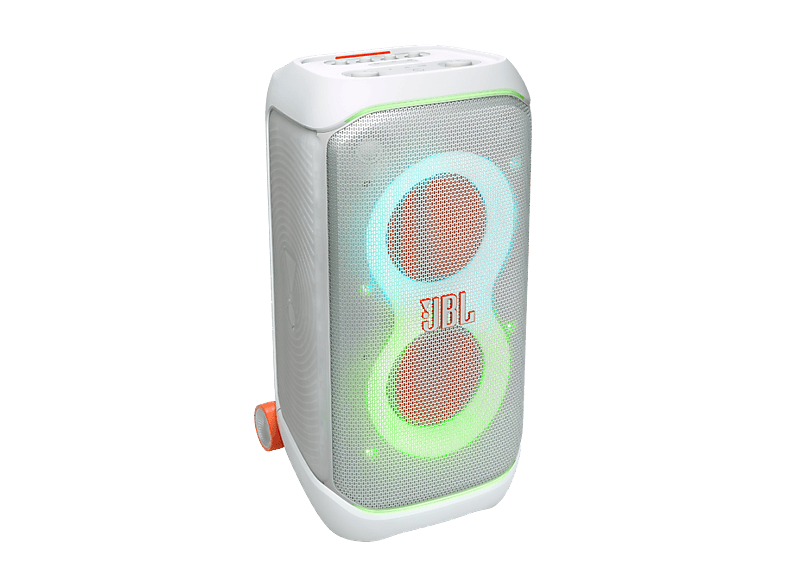 Altavoz de gran potencia - JBL PartyBox Stage 320, Portátil para fiestas, Asa telescópica y ruedas, BT, Resistente salpicaduras, Aut 18h, 240W, Blanco