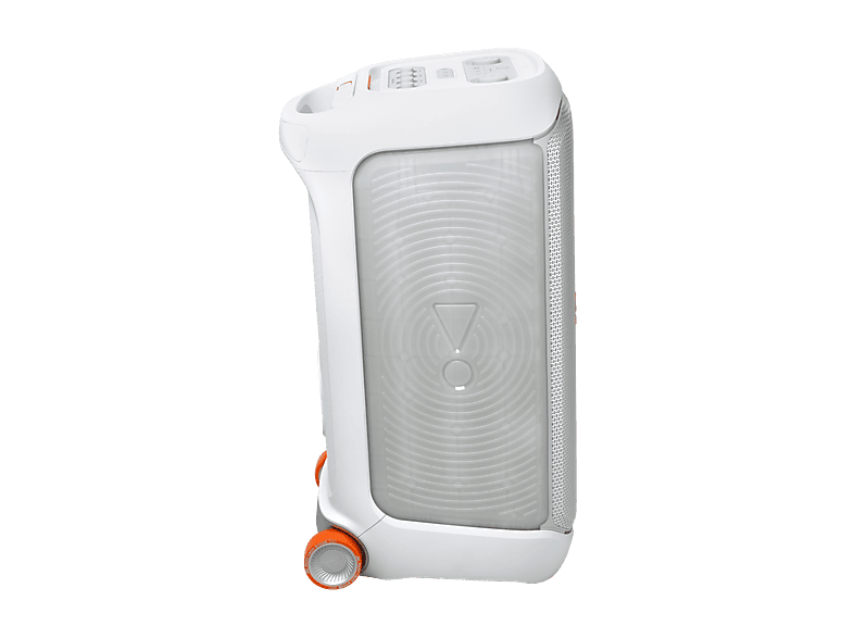 Altavoz de gran potencia - JBL PartyBox Stage 320, Portátil para fiestas, Asa telescópica y ruedas, BT, Resistente salpicaduras, Aut 18h, 240W, Blanco