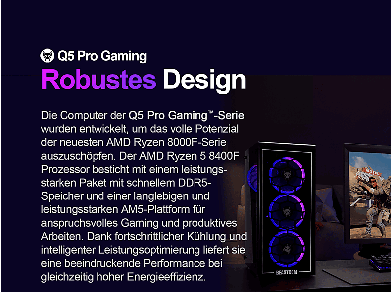 Pack PC gaming - Beastcom Q5 | Pro Gaming, AMD Ryzen™ 5 8400F, 16 GB RAM, 1 TB SSD, GeForce RTX™ 5060, Windows 11 Home, Monitor 27 " Full-HD, Negro