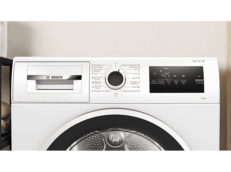 Secadora bomba de calor - Bosch WTR83200ES, Serie 4, 8 kg, 11 programas, AutoDry, Easy Clean, Blanco