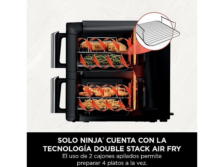Freidora de aire - Ninja SL300EU, 2470 W, 7.6 l dividido en 2 bandejas, Negro