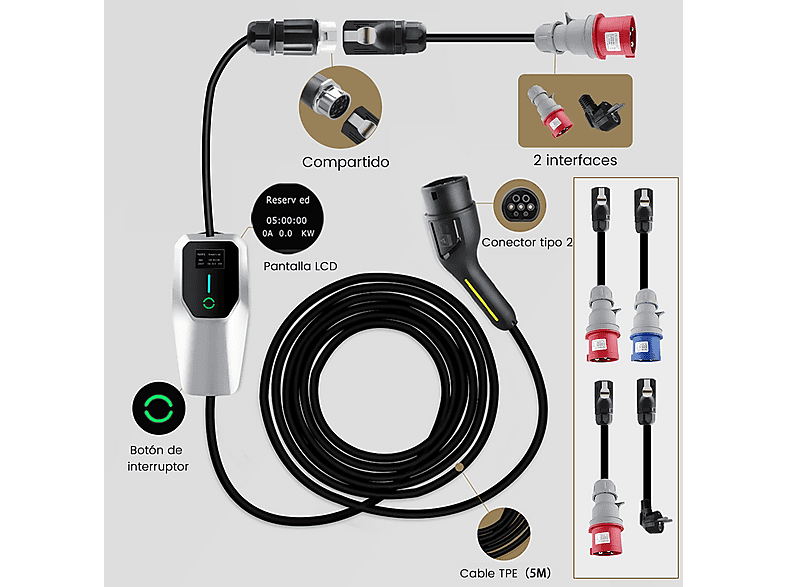 Cargadores vehículos eléctricos - Junsun 6M 22KW Tipo 2 6A-32A, IP67, plateado
