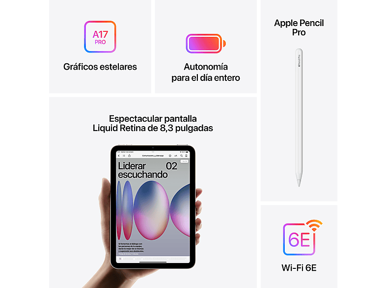 Tablet - Apple iPad mini (2024), 512 GB, Blanco estrella, WiFi + Cell, 8.3", Chip A17 Pro, iPadOS
