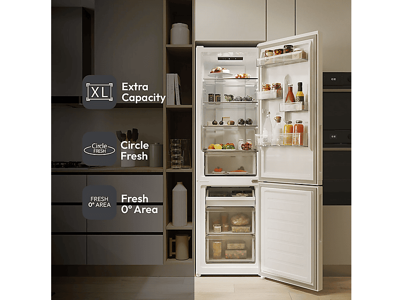 Frigorífico combi - Candy City Fresco CNCQ2T518EW, Total No Frost Circle+, 182 cm, 279 l, Iluminación LED, Blanco
