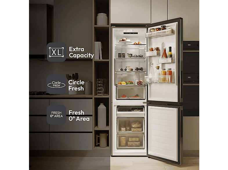Frigorífico combi - Candy City Fresco CNCQ2T518EX, Total No Frost Circle+, 182 cm, 279 l, Iluminación LED, Inox