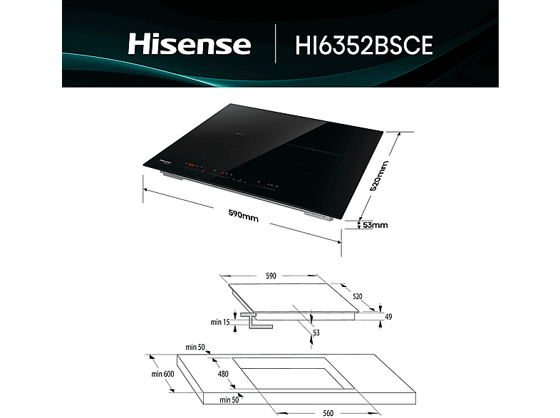 Placa inducción - Hisense HI6352BSCE, 3 zonas, Zonas Flex, Zona XL 29 cm, 7400W, 59 cm, Negro