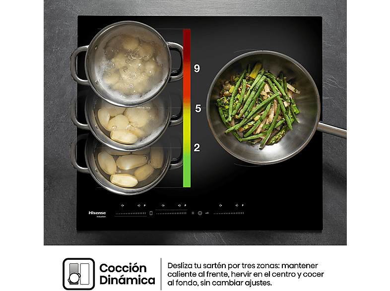 Placa inducción - Hisense HI6352BSCE, 3 zonas, Zonas Flex, Zona XL 29 cm, 7400W, 59 cm, Negro
