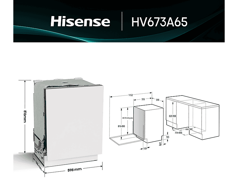 Lavavajillas integrable - Hisense HV673A65, 16 servicios, 7 programas, 59.8 cm, Tercera Bandejea, Wi Fi, Sin Panelar