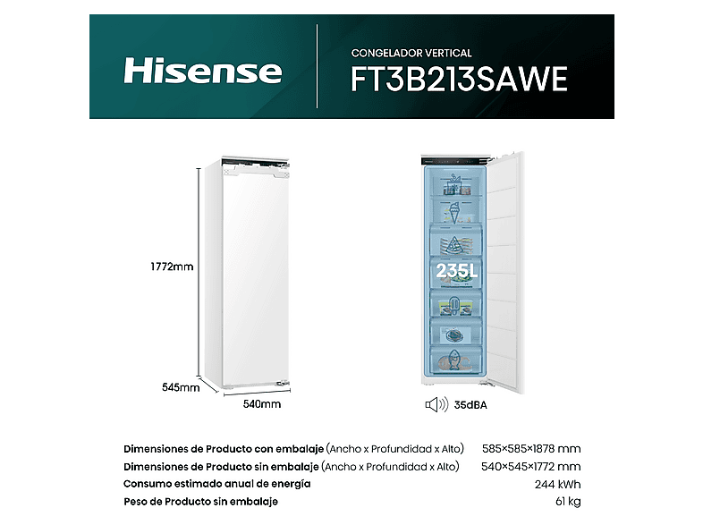 Congelador integrable - Hisense FT3B213SAWE, 235 L, 177.2 cm, No Frost, Inverter Integrable