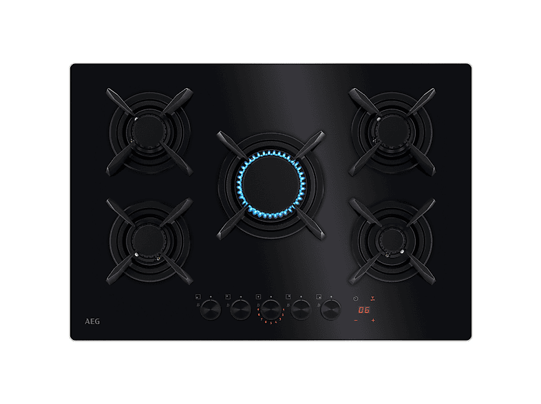 Placa de gas - AEG HKB75453NB, 5 zonas, NG + LPG (Propane/Butane), 740 mm, Negro