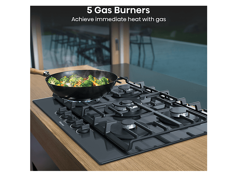 Placa de gas - Hisense GG773B, 5 zone(s) zonas, 750 mm, Negro