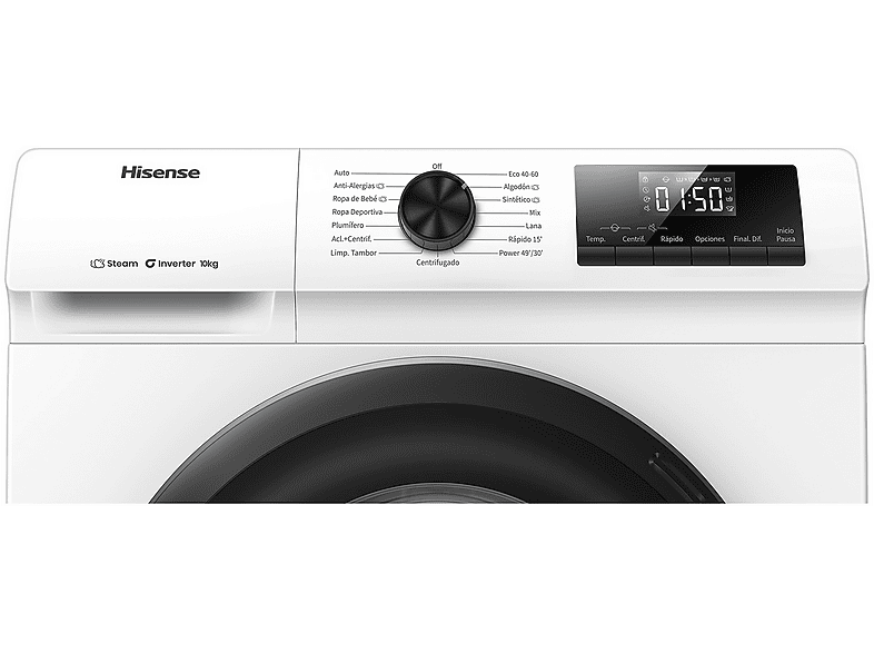 Lavadora carga frontal - Hisense WF1Q1041BW, 10 kg, 1400 Rpm, Función Vapor, Eficiencia A-20%, Blanco