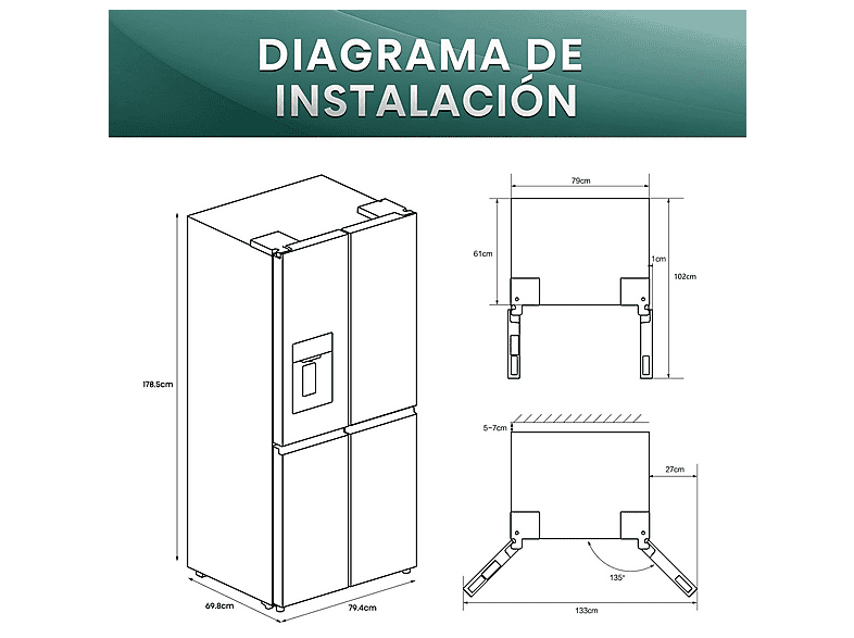 Frigorífico americano - Hisense RQ5P470SYID, Total No Frost, 178.5 cm, 483 l, Wi-Fi, Inverter, Inox