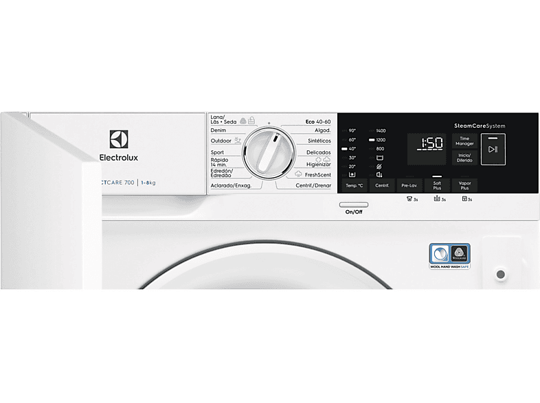 Lavadora integrable - Electrolux EN7F4842OF, 8 kg, 1400 rpm, 14 programas, Función Vapor, Sin panelar