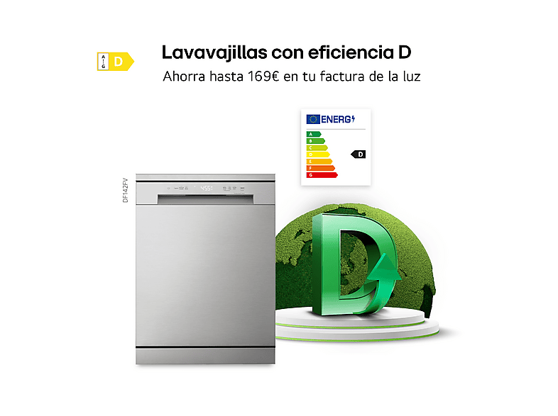 Lavavajillas - LG DF142FV, 14 servicios, 5 programas, 60 cm, QuadWash™, Inverter Direct Drive™, Inox antihuellas