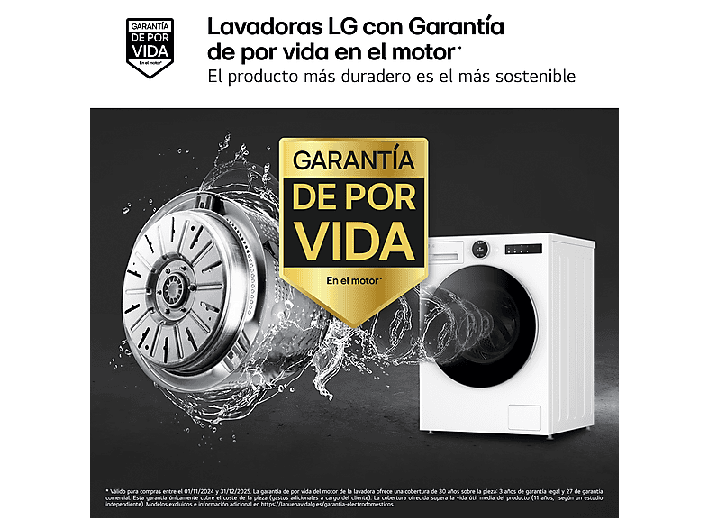 Lavadora carga frontal - LG F4X7009TWS, 9 kg, 1400 rpm, 23 programas, TurboWash 360º, Selector LCD, Clase A-40%, Blanco