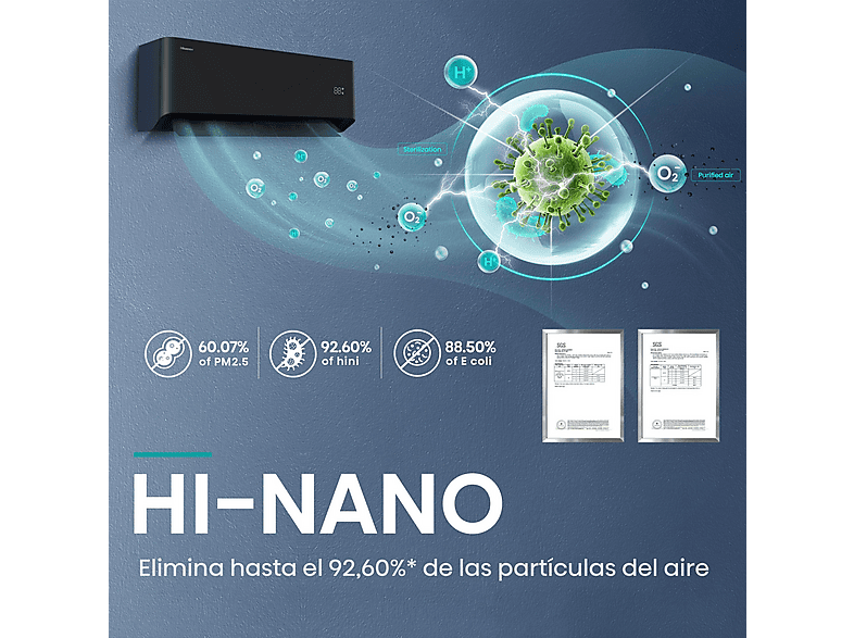 Aire acondicionado Split 1 x 1 - Hisense Uni Pure Black HB25, 2500 fg/h, Wi-Fi, Filtro Hi Nano, IA Smart, Negro