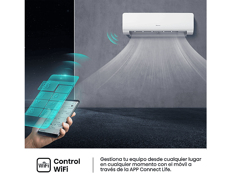Aire acondicionado Split 1 x 1 - Hisense KC25 Smart Clima, 2500 fg/h, Wi Fi, Autolimpieza, Blanco