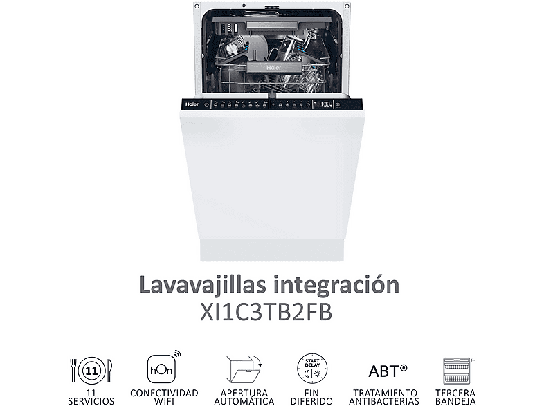 Lavavajillas integrable - Haier XI1C3TB2FB I-Pro Shine Series 4, 11 Servicios, 8 Programas, 44.8 cm, Tercera bandeja, Sin Panelar