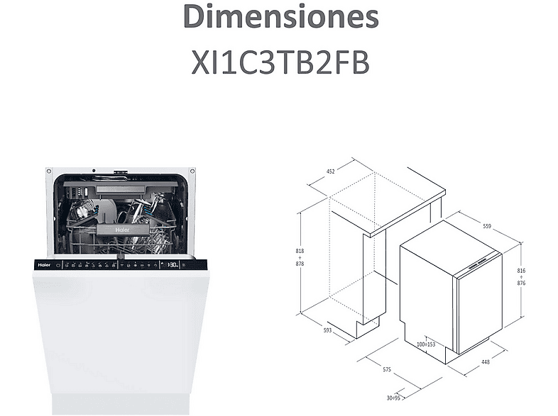 Lavavajillas integrable - Haier XI1C3TB2FB I-Pro Shine Series 4, 11 Servicios, 8 Programas, 44.8 cm, Tercera bandeja, Sin Panelar