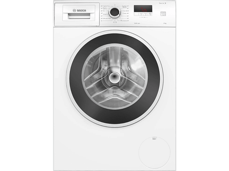 Lavadora carga frontal - Bosch WGE03200ES,Serie 2, 8 kg, 1.200 rpm, 13 programas, Higiene Plus, Motor EcoSilence, Blanco