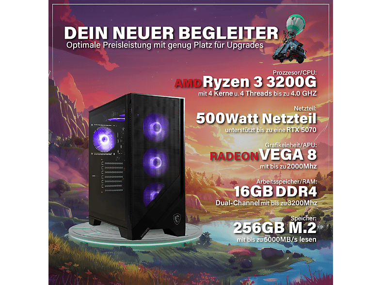 PC Gaming - Hyper Byte Essential Gaming, Ryzen 3 3200G, 16 GB RAM, 256 GB SSD, Radeon™ RX Vega 8, Windows, Negro