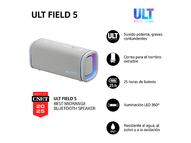Altavoz inalámbrico - Sony ULT FIELD 5 (SRSULT50W), Bluetooth portátil, ULT POWER SOUND, 25 h, IP67, Resistente al agua, Correa, Con luces, Blanco
