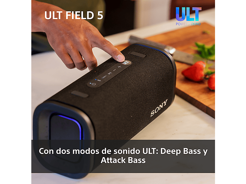 Altavoz inalámbrico - Sony ULT FIELD 5 (SRSULT50W), Bluetooth portátil, ULT POWER SOUND, 25 h, IP67, Resistente al agua, Correa, Con luces, Blanco