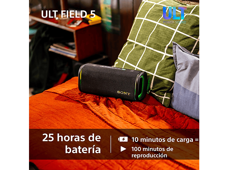 Altavoz inalámbrico - Sony ULT FIELD 5 (SRSULT50W), Bluetooth portátil, ULT POWER SOUND, 25 h, IP67, Resistente al agua, Correa, Con luces, Blanco