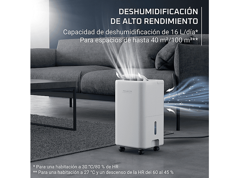 Deshumidificador - Rowenta Extreme Dry Compact DH5260, 16 l/día, Depósito 3 l, Superficie 40 m², Silencioso, Blanco