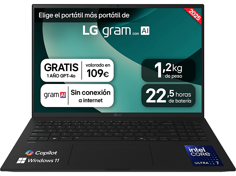 Portátil - LG 16Z90T-G.AD8BB, 16" WQXGA, Intel® Evo™ Edition Core™ Ultra 7-255H, 32 GB RAM, 2 TB SSD, Arc™ GPU, W11H, Negro