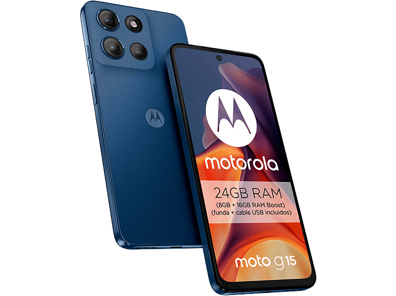 Móvil - Motorola Moto g15, Navy Peony, 512 GB, 8 GB RAM, 6.72" LCD, MediaTek Helio G81, Full HD+, Cuero Vegano, 5200 mAh
