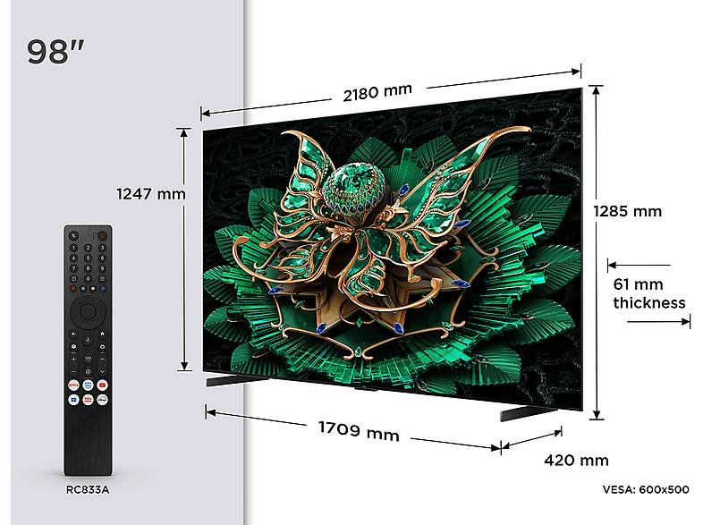 TV QD-Mini LED 98" - TCL 98C7K, 4K HDR Premium 3000nits, FALD, Smart TV con Google TV, Dolby Vision IQ·Atmos, 144Hz