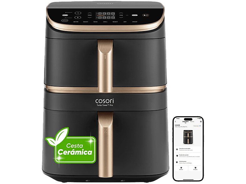 Freidora de aire - Cosori Turbo Tower Pro Smart™ Chef Edition, 2630 W, Doble Resistencia, 10.8 l, 2 cestas, Revestimiento cerámico, WiFi, Negro