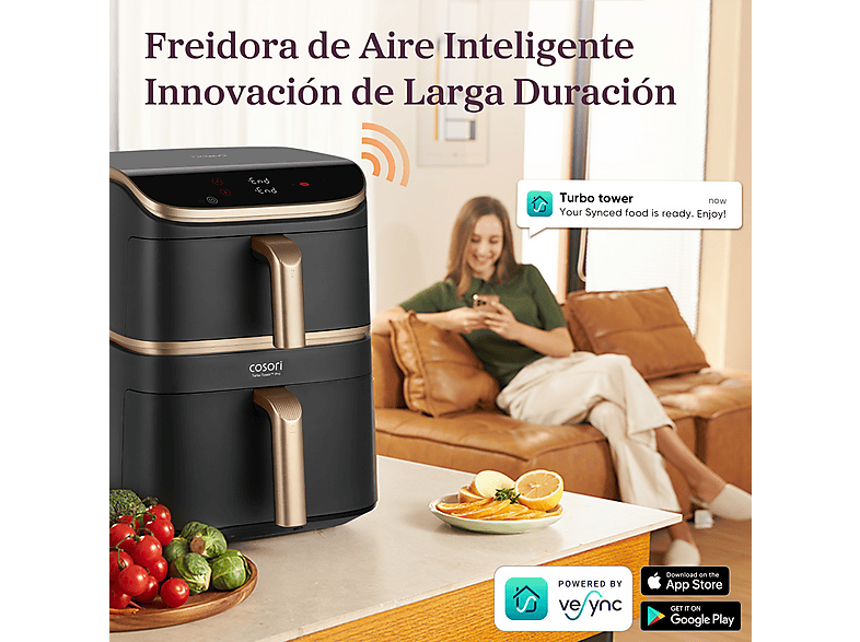 Freidora de aire - Cosori Turbo Tower Pro Smart™ Chef Edition, 2630 W, Doble Resistencia, 10.8 l, 2 cestas, Revestimiento cerámico, WiFi, Negro