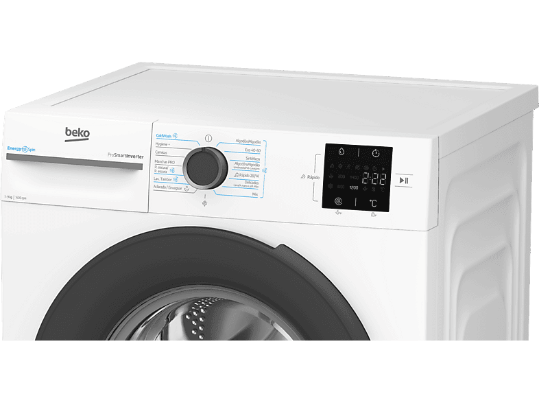 Lavadora carga frontal - Beko VBM3WFT39413WA, 9 kg, 1400 rpm, 15 programas, Energy Spin, Steam Cure, Motor ProSmart Inverter, Blanco