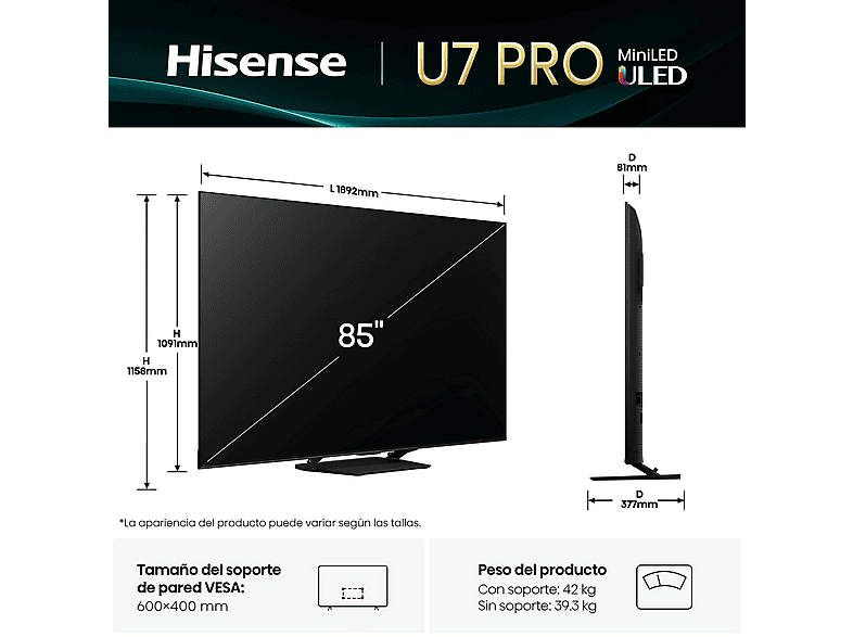 TV Mini LED 85" - Hisense 85U7Q PRO, UHD 4K, 165 Hz, Sonido 2.1.2, Quantum Dot, Sensor de Luz IA, Negro