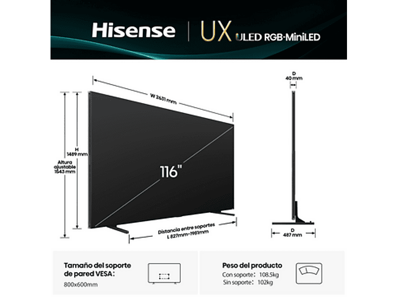 TV RGB Mini LED 116" - Hisense 116UXQ, UHD 4K, Dynamic X‑Display, Procesamiento con IA, Negro